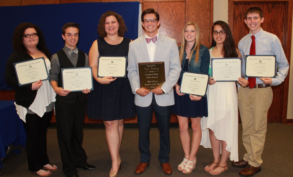 Those 12th Grade Student of the Year winners included, pictured left to right: Alexis Ferguson, Maurepas High; Ryan Miller, Walker High; Morgan Rea, Denham Springs High; Victor Rushing, Live Oak High; Megan Lanoy, Holden High; Cheyenne Reyes, Doyle High; and Jacob Pettigrew, Albany High. Not pictured is Christen Wall, Springfield High.