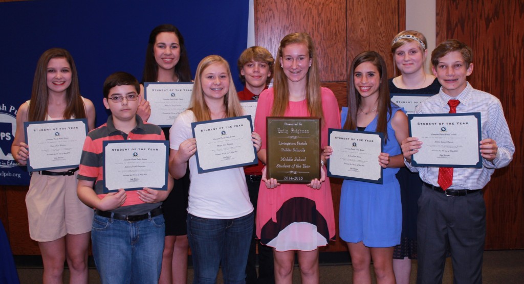 Those 8th grade Student of the Year winners included, pictured from left to right,: (front row) Sara Anne Martin, Live Oak Middle; Andrew Larpenter, Springfield Middle;  Mayce Balfantz, Doyle Junior High; Emily Seighman, North Corbin Junior High; Codie Hicks, Juban Parc Junior High; Collin Bueche, Denham Springs Junior High; (back row) Melanie Tircuit, French Settlement Junior High; Cameron Mangus, Westside Junior High; and Alyssa Blount, Holden Junior High. Not pictured are Michael Diez, Frost Junior High; Ava Borskey, Maurepas Junior High; and Collin Turner, Southside Junior High.