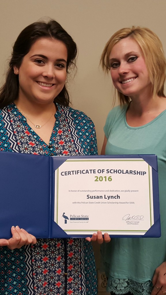 Susan Lynch, a 2016 graduate of Denham Springs High School, recently received a $500 scholarship award from Pelican State Credit Union.  Lynch was the Livingston Parish Students Against Destructive Decisions Student of the Year.  She plans to study journalism at LSU this fall. v