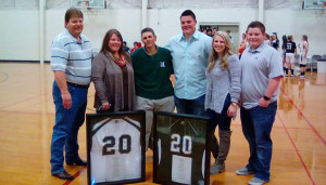 Former baseball standout Kade Scivicque is pictured with his family after beign honored at Maurepas High School with the retiring of his jersey number.  Pictured, from the left, are Kade’s parents, Steve Scivicque and Missy Scivicque; Maurepas High School Baseball Coach Anthony Gregoire, Kade Scivicque and his fiancée Airel Berthelot, and brother Chaz Scivicque.