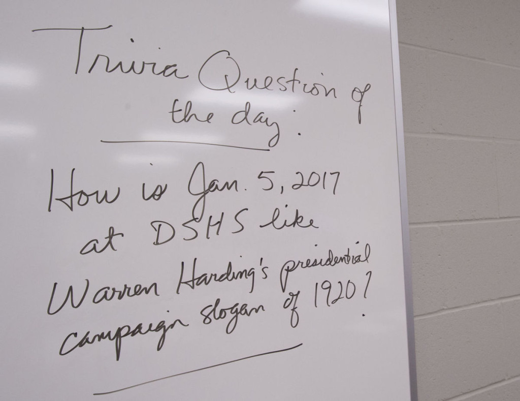 Denham Springs High School chemistry teacher David Kemp’s white board greeted students returning to the campus with a trivia question, “How is Jan. 5, 2017 at DSHS like Warren Harding’s presidential campaign slogan of 1920?” The answer: It’s a “Return to Normalcy.”  Classes started back on the DSHS campus Jan. 5 for the first time since the August flood.
